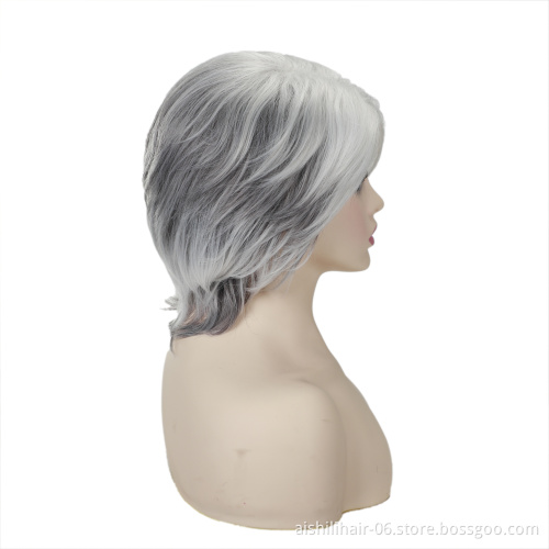 wholesale heat resistant short ombre silvery with gray color wig with Partial part synthetic hair wigs for women
